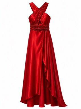 Sherri Hill 56829 Red Satin Cross-Strap Beaded Waist Evening Gown